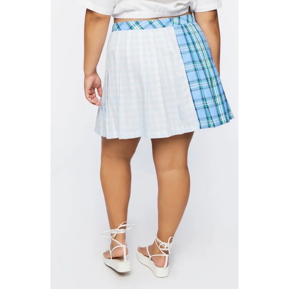 Forever 21 Blue Green Plaid Gingham Colorblock Pleated Mini Skirt Plus Size 0X - Picture 2 of 11